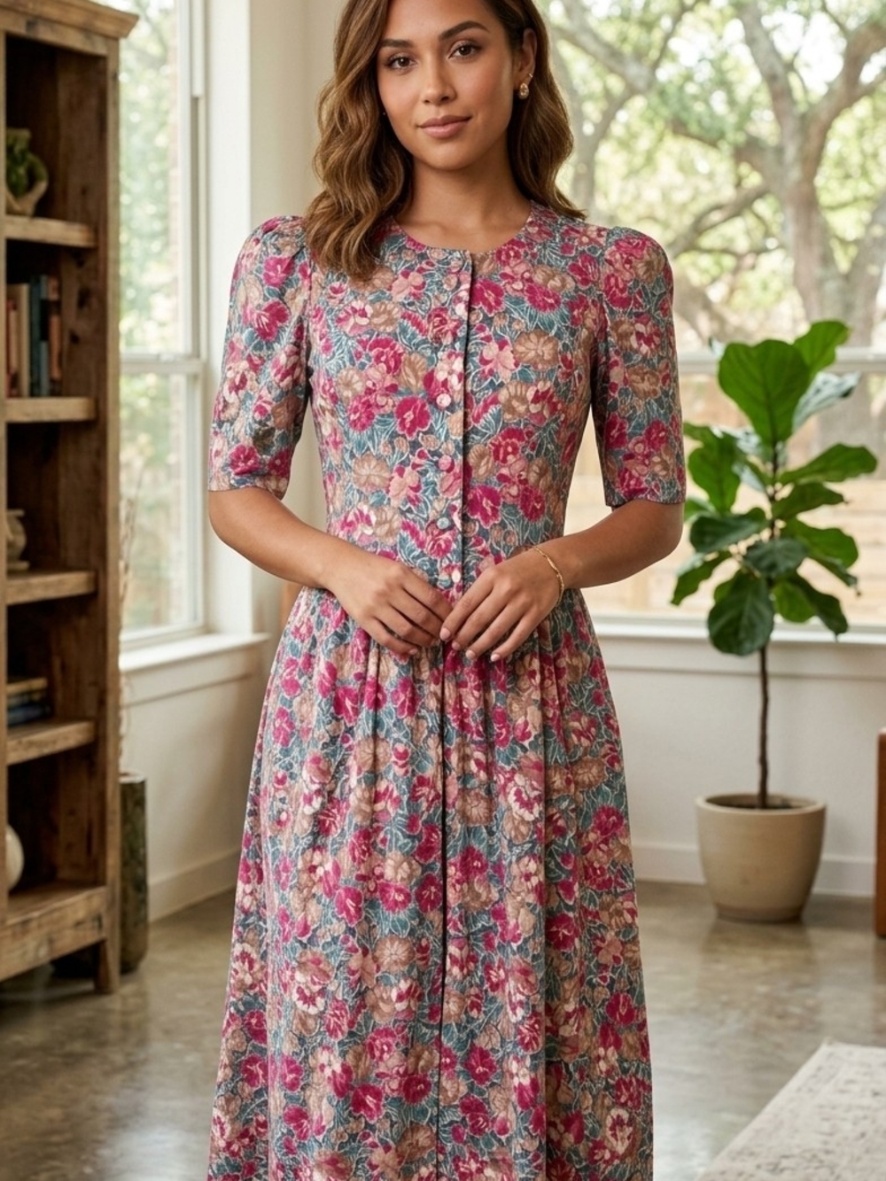 Vintage Laura Ashley Pink Floral Midi Dress